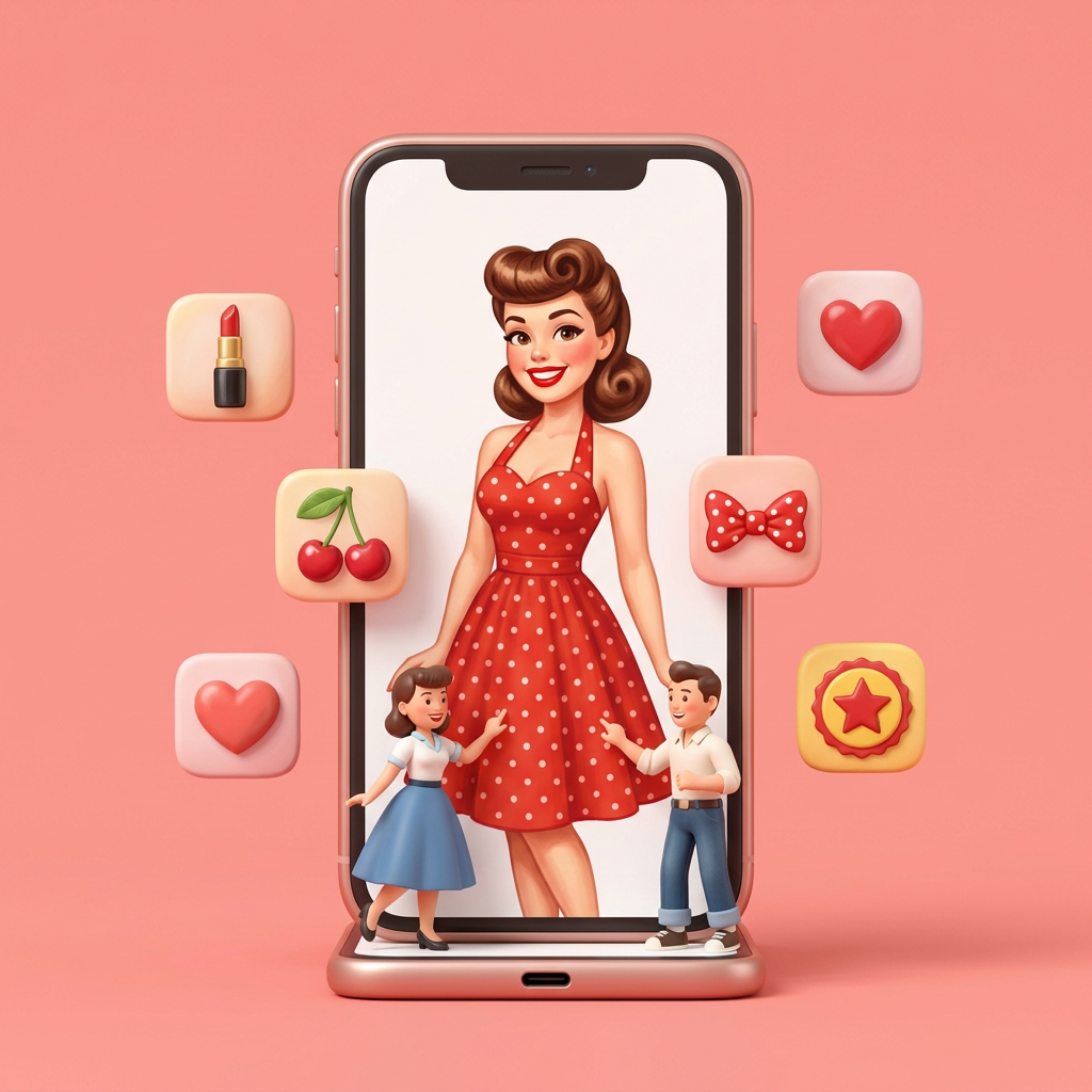 Illustration of a phone showing a retro pin-up wallpaper, with matching painted icons floating around it