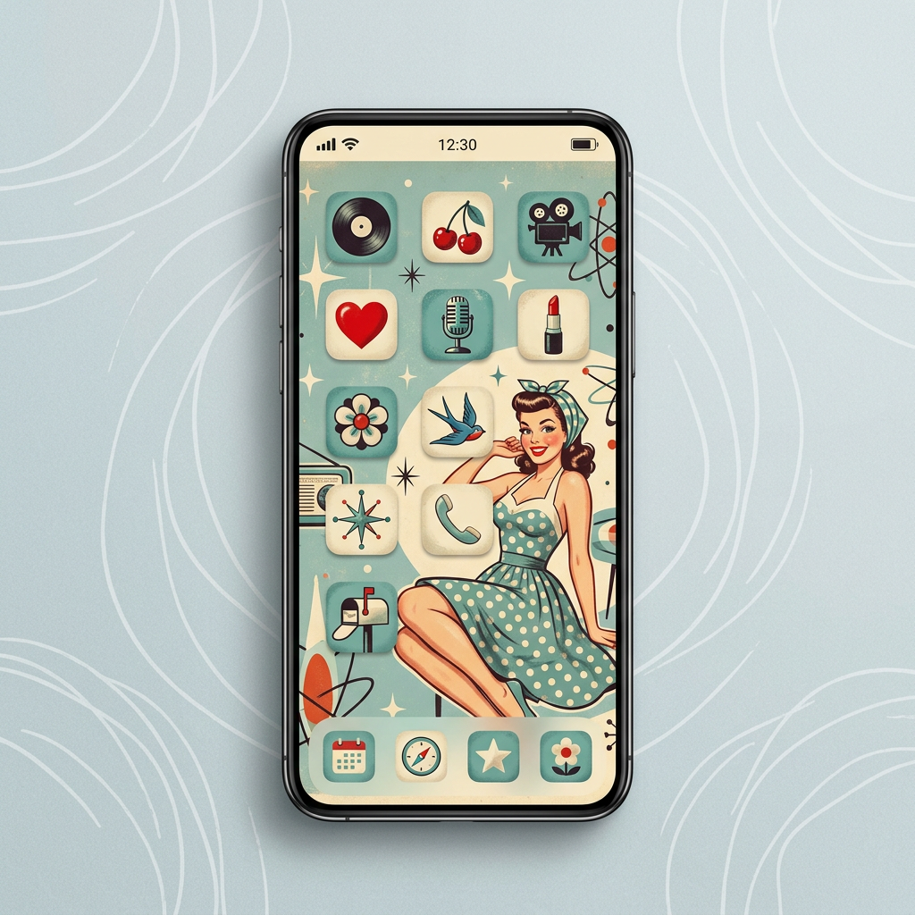 Sample home-screen wallpaper: a seated pin-up illustration with painted icons on a phone