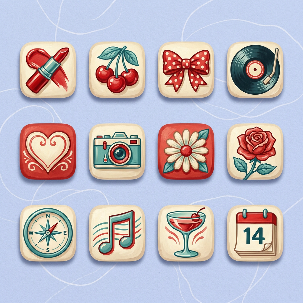 Sample icon pack: twelve painted retro app icons in one matching style