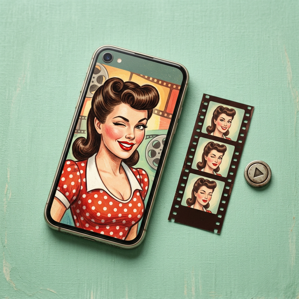Sample animated loop: a pin-up illustration winking on a phone, beside a strip of three frames