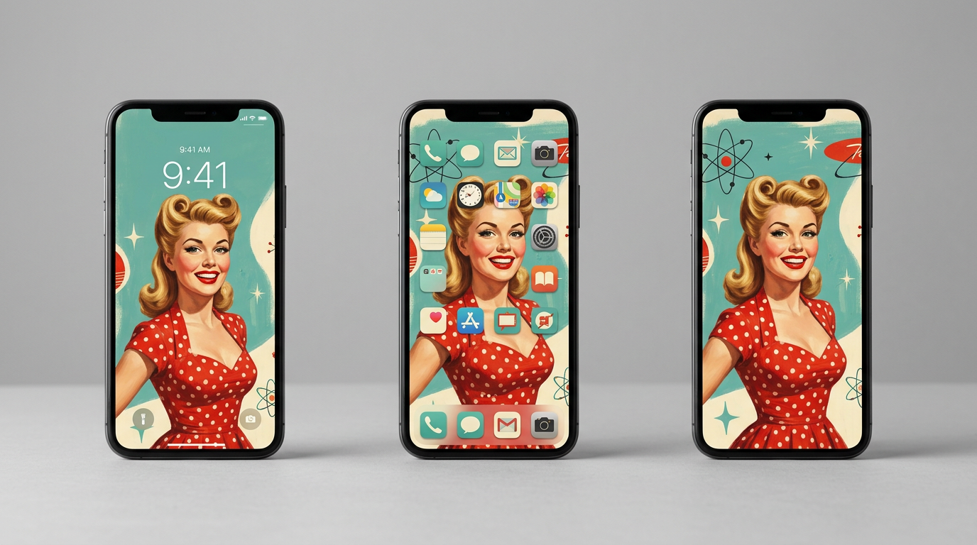Three phones showing matching pin-up wallpapers