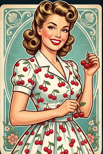 Sample pin-up wallpaper: an illustrated woman in a cherry-print dress, shown as a phone lock screen