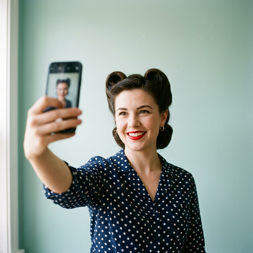 A woman with victory-roll hair smiling at her phone to take a selfie